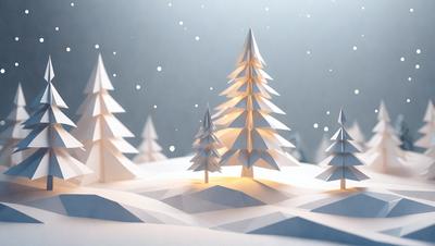The primary subject of the image is a paper cutout of a Christmas tree, which is placed in a snowy setting. The tree is surrounded by other trees, creating a festive and wintery atmosphere. The visual style of the image is a combination of digital art and illustration, as it is a paper cutout of a tree. The colors and mood of the image are predominantly white and snowy, with a touch of green from the trees, creating a serene and peaceful ambiance.
